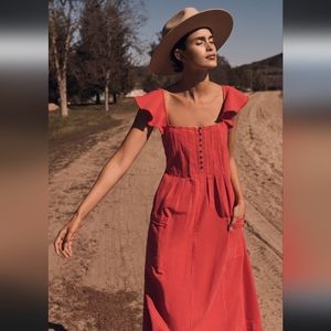 SALE NWT Vibrant Coral Red Open Back Pleated Midi Dress